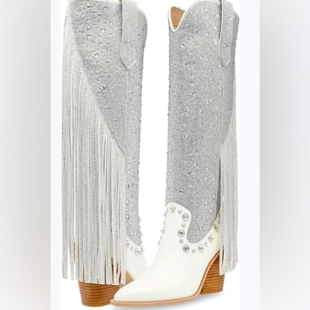 Steve Madden White and Silver Fringe Embellished Heeled Cowboy Boots